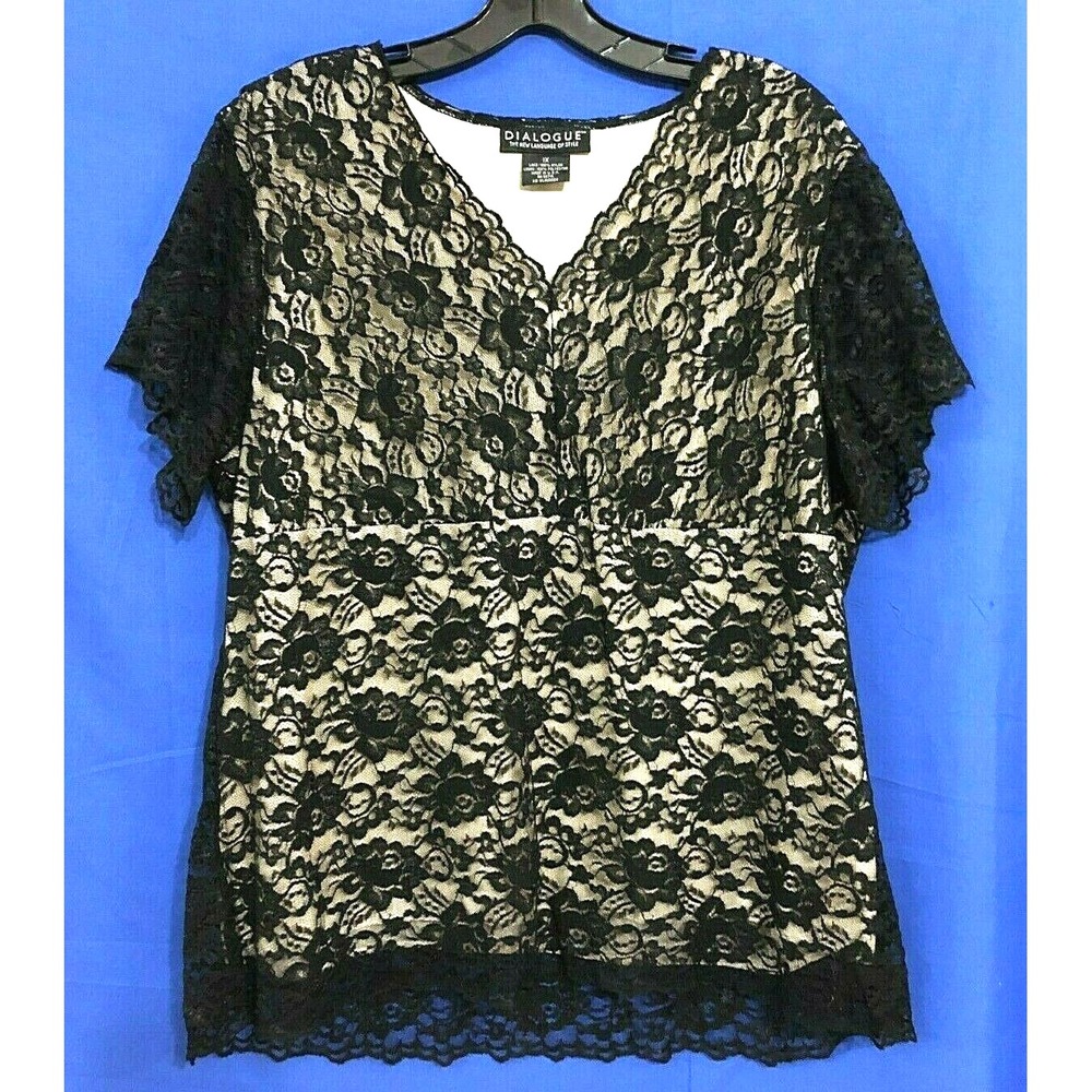 DIALOGUE QVC Beige/Nude Lined BLACK FLORAL LACE OVERLAY V-Neck Blouse/Top 1X